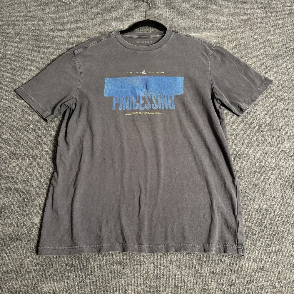 American Eagle Mens Processing Graphic T-Shirt Gray Blue Cotton Size Medium